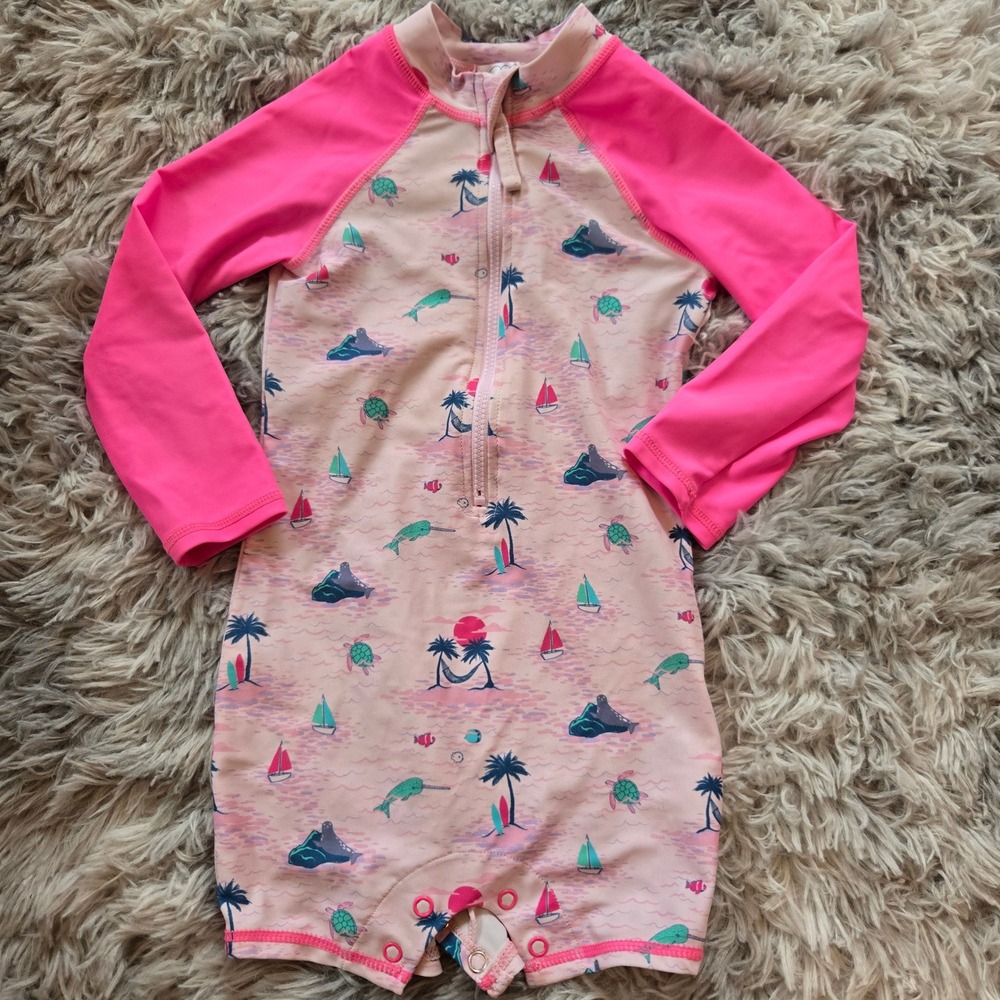 Egg New‎ York Toddler Girls Pink Tropical Island Rash Guard Swimsuit 12-18M